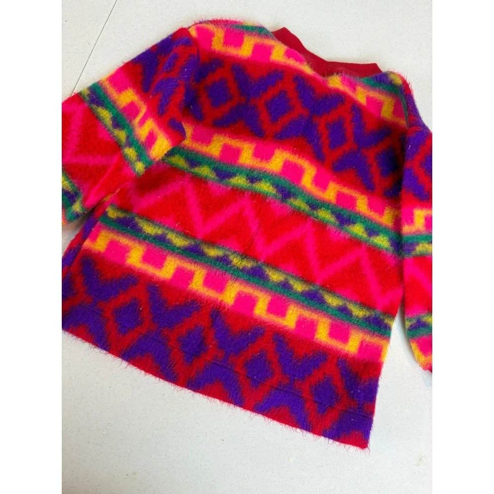 Vintage Okie Dokie Toddler 3T Fuzzy Neon Geometric Bow Cardigan Sweater Pink 90s